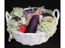 Large Basket Of Silk Vegetables & Handmade Pilgrim Glass Bottle With Rope Accent