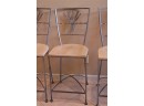 Quality Heavy Metal Wrought Iron Counter Stools With Sculpted Wood Seats & Sheaf Of Wheat Detail On Back