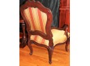 Pair Of Jeffco Carved Wood Chairs With Striped Silk Fabric & Small Pedestal Table