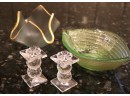 Collection Of Pretty Green Glass Includes Swarovski Candle Holders , Bowl & Hand Painted Vase By Tracy P