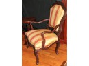 Pair Of Jeffco Carved Wood Chairs With Striped Silk Fabric & Small Pedestal Table