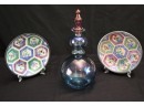Hand Painted Plates With Asian Motif For Neiman Marcus, Crystal Bowl & Christallie Decanter Glass