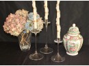 Elegant Orrefors Candlesticks, Asian Rose Medallion Design Urn With Lid & Bohemia Crystal Vase