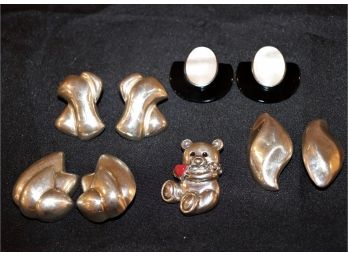 Cute Sterling Silver Teddy Bear, Long Clip-On Earrings Leaf Shape, Floral Pair & MOP Earrings With Onyx