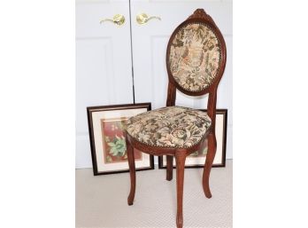 Vintage Chair With Tapestry Style Fabric & Nail Head Accent & 2 Floral Prints Panels Framed/Matted