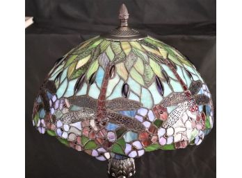 Pretty Tiffany Style Slag Glass Lamp With Beautiful Bright Colors & Floral Detail