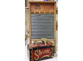 Fun Shoe Shine Box & Large Metal/Wood Top Notch Washboard