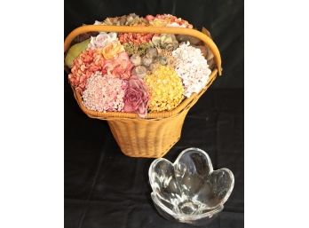 Quality Assortment Of Silk/Dried Flowers In A Woven Basket With Handle Includes Orrefors Crystal Bowl