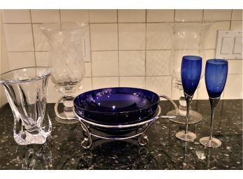 Cobalt Blue Bowl On Stand, Large Hurricane Style Holders 2 Champagne Flutes & French Crystal Vase By Vaun