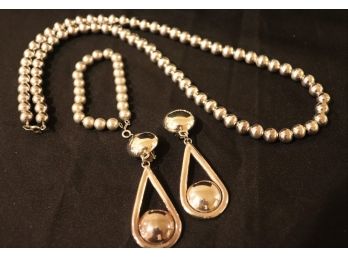 Long Beaded Sterling Necklace, Bracelet & Long Teardrop Earrings