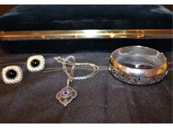 Pierced Sterling Bangle Bracelet ( Mexico )Missing Safety Chain, Includes Earrings & Necklace With Pendan