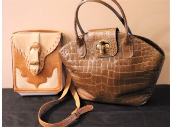 Womens Handbags Paola Del Lungo Genuine Leather Italian Alligator Pattern & Midwestern Style Crossover