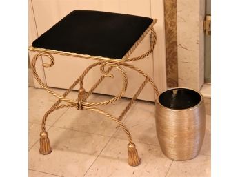 Ornate Gilded Metal Vanity Stool Twisted Rope & Tassel Design By Edward Paul & Co. With Cushion Seat & Was