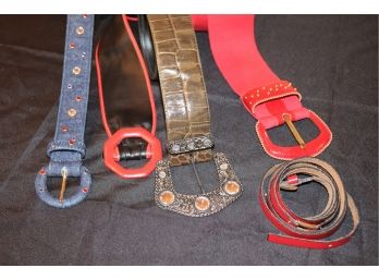5 Womens Designer Belts Includes Red Stretch Leather S/M, Motion East S/M, Genu