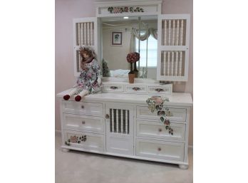 Pretty Floral Painted Dresser With Mirror Attachment, Shutter Design On Mirror Signed By Artist Sue Eakin