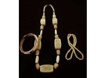 Heavy Carved Bone Necklace & Beaded Bone Necklace, Bangle Bracelet
