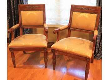 Henredon Pair Of Elegant Empire Style Arm Chairs With Damask Upholstery, Nail Head & Floret Accents