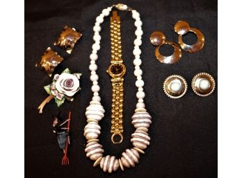 Costume Jewelry, Beaded Necklace, Assorted Pins & Necklaces & Anne Klein Watch, Capodimonte Pin,