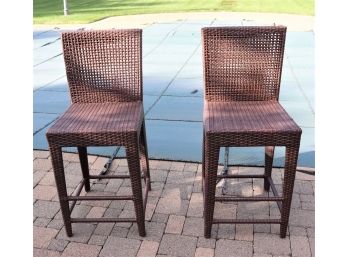 Pair Of Outdoor Woven Vinyl Wicker Style Counter Stools With Footrest