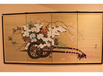 Vintage 4 Panel Asian Style Silk Panel Screen Hand Painted With Asian Characters On Side & Fabric On Back