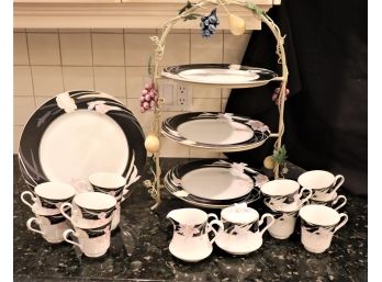 3 Tier Plates Stand With Mikasa Charisma Black Desert Set Includes 11 Cups , 4 Large Plates, Sugar & Cr