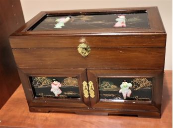 Asian Style Jewelry Box With Raised Character Detail & Hand Painted Asian Scene - Contents Are Not Include
