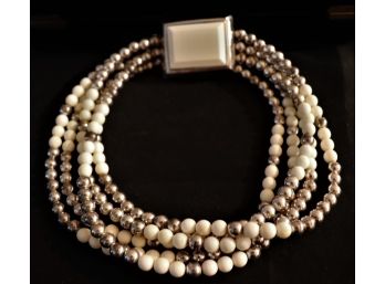 Quality 5 Strand Sterling Bead & Bone Necklace- Thick- Large Centerpiece Is Truly A Stunning Piece