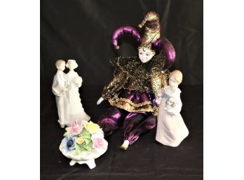 Lladro Figurines Little Girl With Dog & Married Couple On Wedding Day, Harlequin Doll, Radnor England Flor