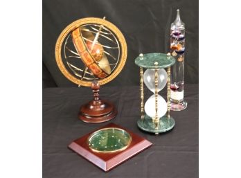 Mini Chinese Checker Board, Hour Glass With Stone/Brass Detail Galileo Thermometer & Zodiac Globe Decor