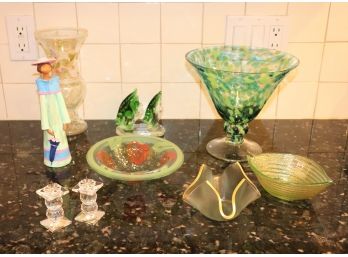 Collection Of Pretty Green Glass Includes Swarovski Candle Holders , Bowl & Hand Painted Vase By Tracy P