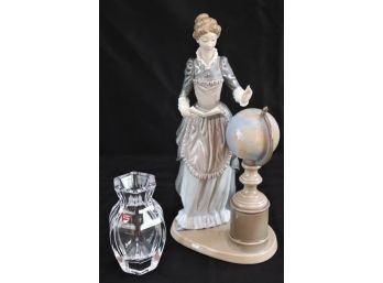 Beautiful Lladro Figurine Of A Lady Teacher With Globe - L5209G & Small Orrefors Crystal Vase