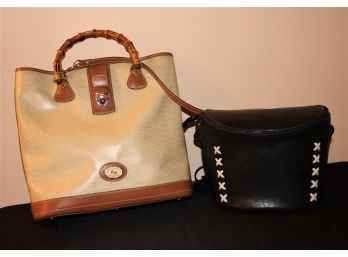 Designer Dooney Bourke Handbag With Wood Handle Tall & Black Genuine Leather Handbag With Thin Strap