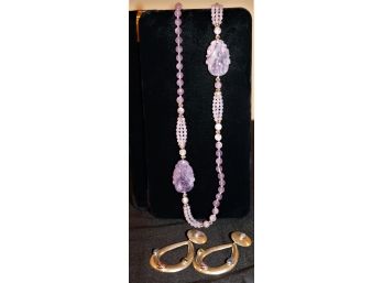 Pretty Purple Amethyst Beaded Necklace With Carved Accents Long Hanging Loop Clip On Earrings