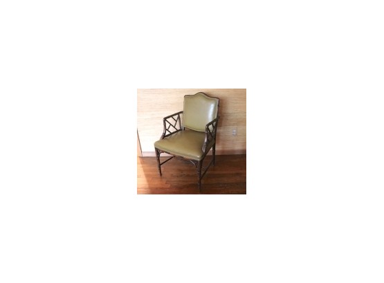 Asian Style Accent Chair With Bamboo Style Frame & Olive Green Colored Leather Seating