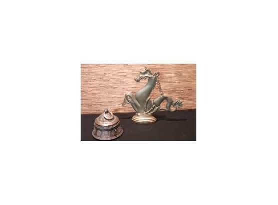 Heavy Metal Vintage Engraved Mongolian Style Trinket Box & Brass Horse Serpent