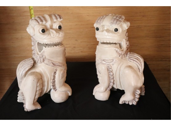 Pair Of Large Asian Foo Dog Painted Wood Statues