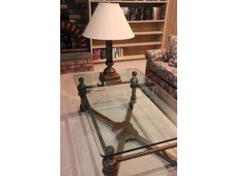 Wood & Glass Coffee Table With Thick Glass Top And Rounded Edges Includes Vintage Table Lamp