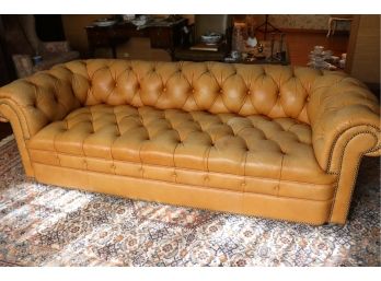 Vintage Tufted Rolled Arm Leather Sofa With Nail Head Detail - Shows Fading See Pictures