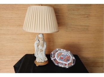 Vintage Asian Wiseman Lamp With Silk Shade & Imari Style Painted Bowl