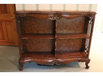 Fancy Carved French Style Shelf With A Leather Top & Ornate Metal Sides