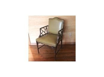 Asian Style Accent Chair With Bamboo Style Frame & Olive Green Colored Leather Seating
