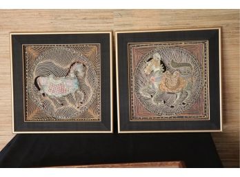 Kalaga Asian/Thai Beaded Tapestry Of Horses On Silk Art