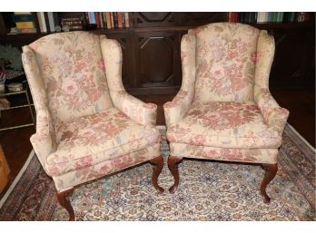 Pair Of Queen Anne Wingback Chairs With Tapestry Style Fabric