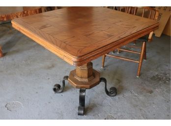 Parquet Top Card/Game Table With Slide Out Drink Holders On Ornate Metal Legs