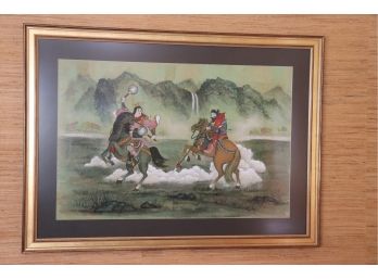 Hand Painted Chinese/Mongolian Mix Media Warrior Horseback Scene In A Quality Gilded Frame With Black Matting