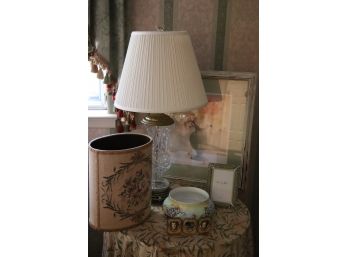 Etched Glass Lamp, Asleigh Manor Frame, Vintage Limoges Bowl, Table, Wastebasket & Floral Print