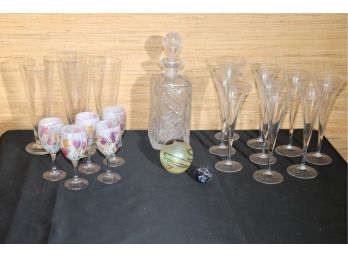 Quality Glass Decanter, Pilsner Glasses, Champagne Flutes, Painted Glasses & Eicholt 82 Art Glass Paper Weight