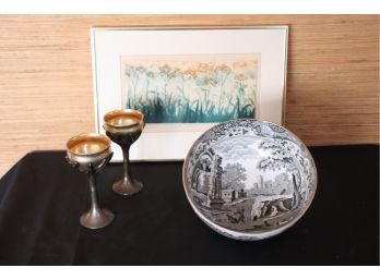 Lily Garden Etching 2/9 Cindy Beck Goldstein 1978, Spode Bowl With Scenery & Rosenthal Goblets