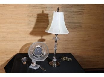 Pretty Metal & Glass Table Lamp, Vintage Rofty Quartz Clock In A Frosted Glass Shell & Decorative Gavel