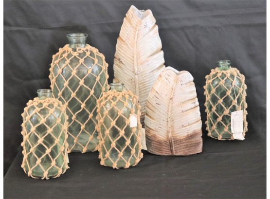 Decorative Crackle Finish Invano Vases Feather Design By Uttermost & Large Seafoam Green Cornell Jugs